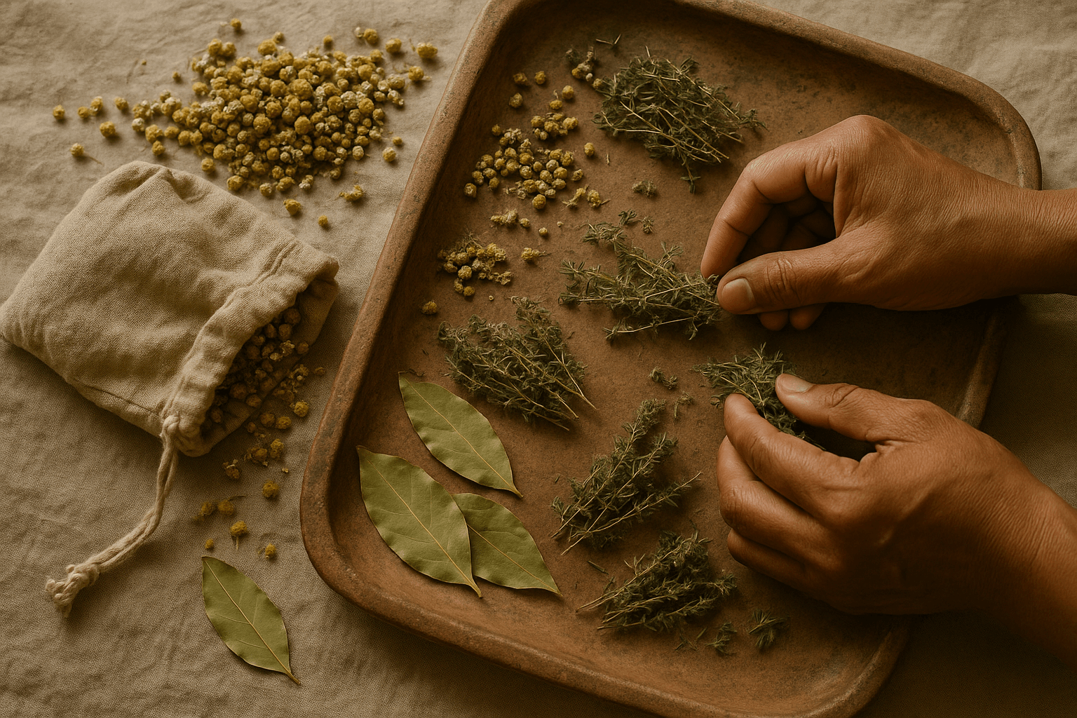 Person sorting herbs on a tray with a cloth bag nearby.